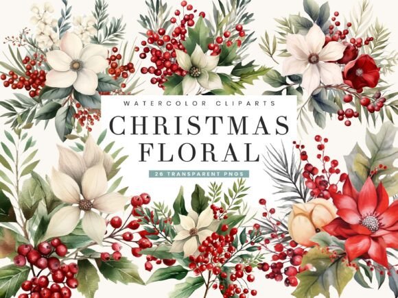 Christmas Floral Clipart Bundle for Festive Design