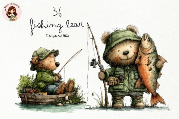 Cozy Outdoor Adventures: Using the Fishing Bear PNG Clipart Set