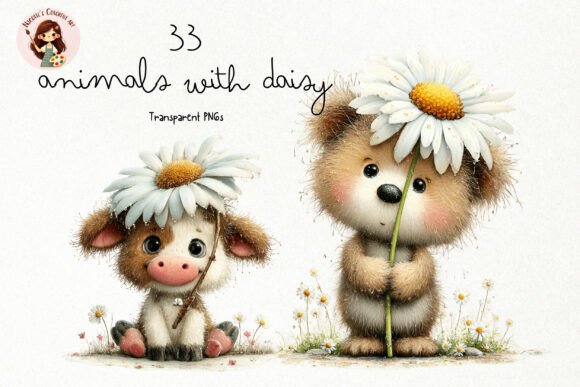 Daisy Animals Clipart PNG: Charming Watercolor Art