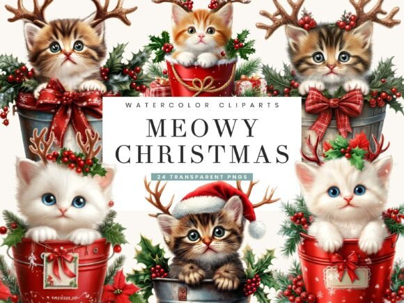 Purr-fectly Festive: Watercolor Meowy Christmas Clip Art for Your Projects