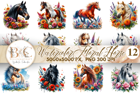 Watercolor Floral Horse Clipart Bundle for Rustic Charm