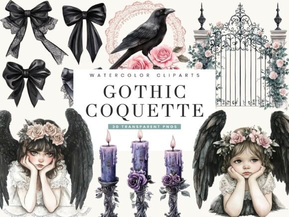 Watercolor Gothic Coquette Clipart: Dark Romantic Design Assets