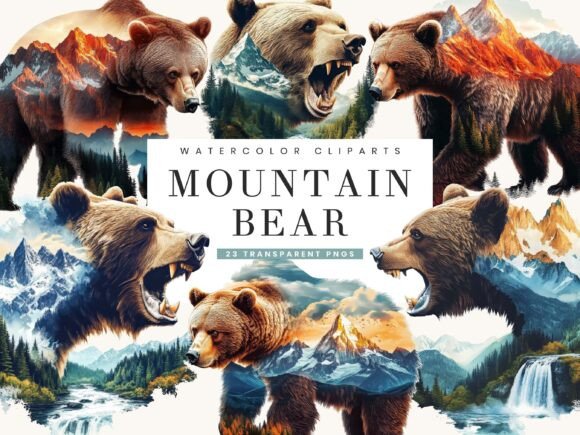 Watercolor Mountain Bear Clipart Bundle: Wilderness Design