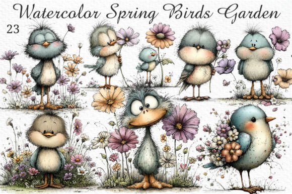 Watercolor Spring Birds Garden Clipart: 27 Charming Designs