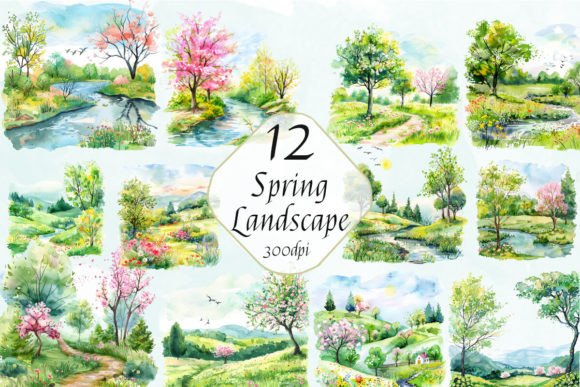 Watercolor Spring Landscape Clipart for Creative Projects