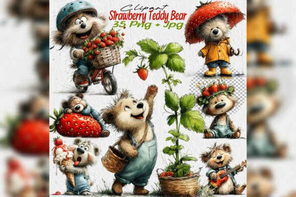 Watercolor Strawberry Teddy Bear Clipart: A Sweet Design Asset